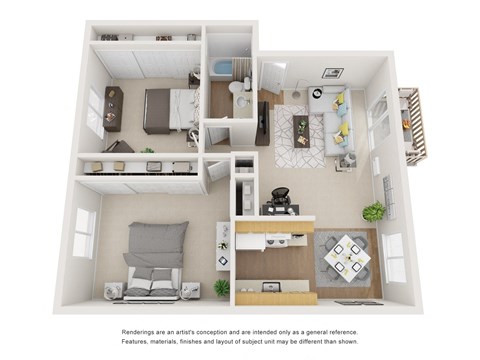 The Aspen Floor Plan; A two bedroom, one bathroom apartment floor plan at Greentree Village Apartments